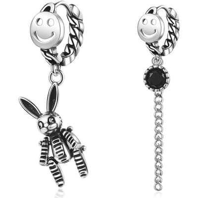 925 Sterling Zilver Smile Lange Kwast Thaise Zilveren Hoop Oorbellen Konijn Zirkoon Asymmetrische Oorbel Voor Vrouwen Oorsieraden S-E1061 gray