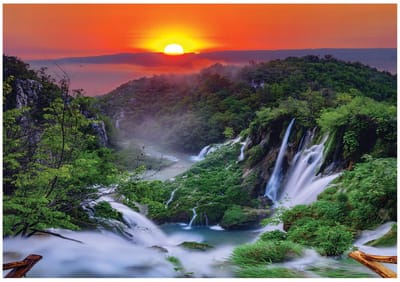WALLARENA - Fotobehang - 150x105 cm - 3D waterval zon uitzicht woonkamer slaapkamer muurdecoratie