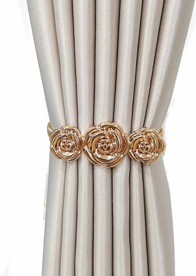 SnelShoppen - 4 Stuks Gordijnhouders, Metaal Gordijnclips met Veer Touw, Gordijnhouder voor Thuisdecoratie, Alluminium in Gouden Bloemen Design