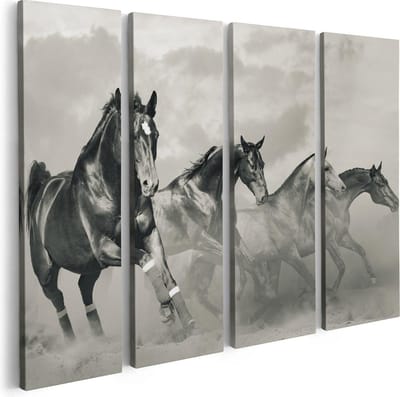 Artaza Canvas Schilderij Vierluik Vier Paarden Naast Elkaar - Zwart Wit - 80x60 - Foto Op Canvas - Canvas Print