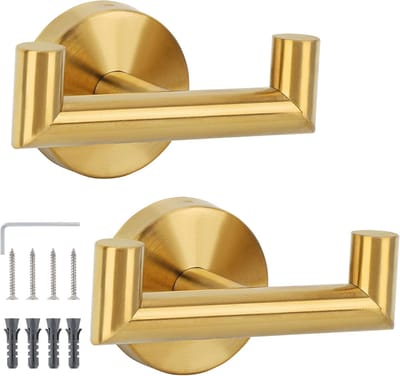 2 Stuks badkamerhaak, Wandhaak, Bad jashaak, handdoekhouder voor aan de muur, keukenhanddoekhaak met schroeven, Dubbele kleding haak van RVS staal, goud wandkapstok, Hand doekrek - Cyslmuk®