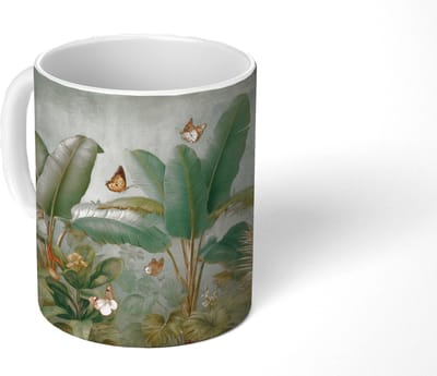 Mok - Koffiemok - Tropisch bladerdek - Vlinders - groen - Bruin - Mokken - 350 ML - Beker - Koffiemokken - Theemok