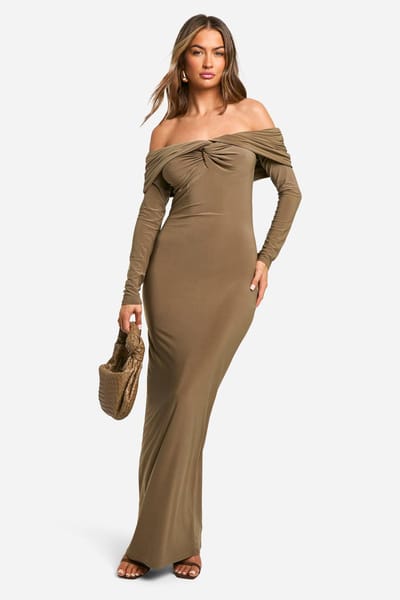 boohoo Dames Gerafelde Twistdetail Bardot Maxi-jurk | Mushroom | Maat: 8