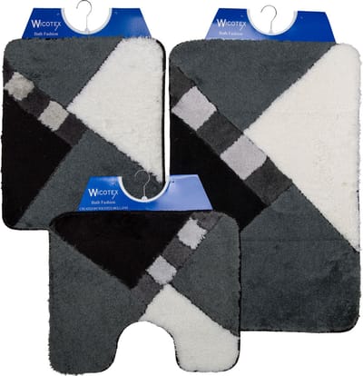 Wicotex - Badmat set - Badmat - Toiletmat - Bidetmat Grijs - Zwart - Wit geblokt - Antislip onderkant - WC mat met uitsparing