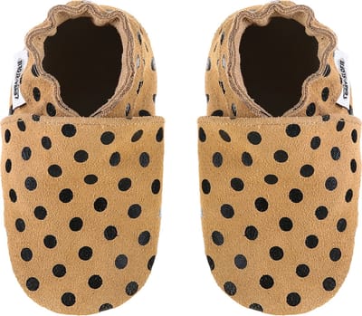 Zandkleurige suede babyslofjes met stippen van Baby-Slofje, maat 18/19 - 0-6 maanden