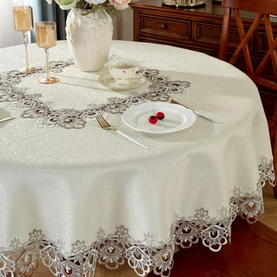 Geborduurd Polyester Rond Tafelkleed met een tweekleurige kanten rand Machinaal geweven Voor eetkamer, keuken en evenement 150cm
