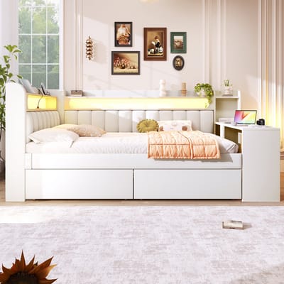 140x200cm slaapbank met USB-aansluiting en LED-verlichting - gestoffeerd bed met bureau en twee lades - wit