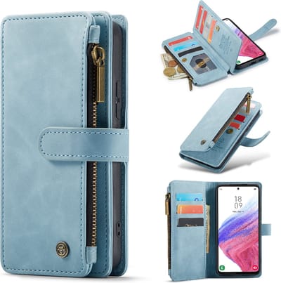 Casemania Hoesje Geschikt voor Samsung Galaxy A34 5G - Aqua Blue - Luxe Portemonnee Book Case met Rits
