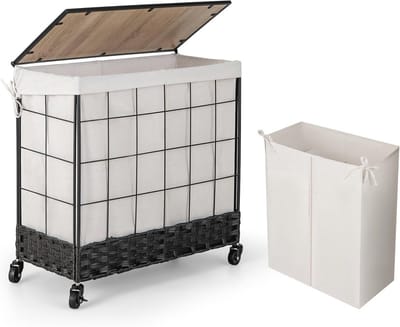 Wasmand met wieltjes en deksel - 130 l, 2 vakken, uitneembaar - Perfect voor badkamer en slaapkamer