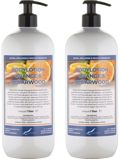 Bodylotion Sweet Orange & Cedarwood 1 Liter - met gratis pomp - set van 2 stuks