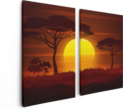 Artaza Canvas Schilderij Tweeluik Zonsondergang In De Savanne - Abstract - 80x60 - Foto Op Canvas - Canvas Print