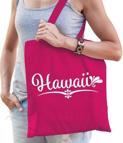Katoenen tropisch Eiland tasje Hawaii fuchsia roze - 10 liter - cadeautas