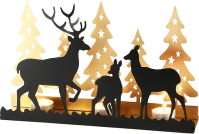 Dekoratief | Theelichthouder m/herten/bomen, zwart/goud, metaal, 33x8x20cm | A238160