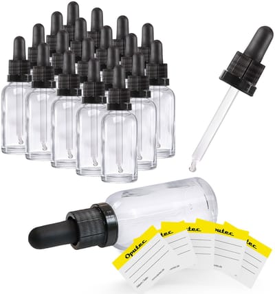 Oputec 20 x 30ml pipetfles helder glas – doseerfles met glazen pipet + etiketten