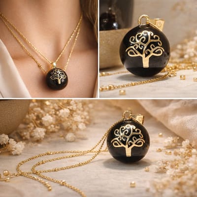 Luxe Zwangerschaps Bola Ketting – Goudkleurig met Zwarte Levensboom Hanger – Rustgevend Geluid – Babyshower Cadeau