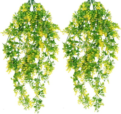 hangende kunstplanten, net echt buiten, weerbestendig, 2 stuks, kunstbloemen, balkon, hangplanten, plastic hangplant, kunstbloemen, balkonplanten voor decoratie (geel)