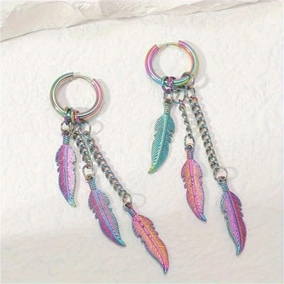 Lot de 2 Boucles d'oreilles Punk Forme Plume en Acier Inoxydable Coloré Boucles d'oreilles Chaîne Feuille Boucles d'oreilles Longues Convient Aux Réunions de Femmes gray