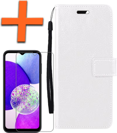 Hoes - Met Screenprotector - Geschikt voor Samsung Galaxy A14 - Luxe Pasjeshouder - Bookcase Portemonee - Flip Case - Kunstleer Book Case - Flipcase - Book Cover - Walletcase - PortemonneeHoes - Wit