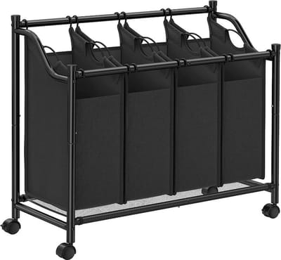 MIRA Home - Wasmand op wielen - Wassorteerder met 4 Compartimenten - Zwart - Metaal/Stof - 38,5x87,5x81