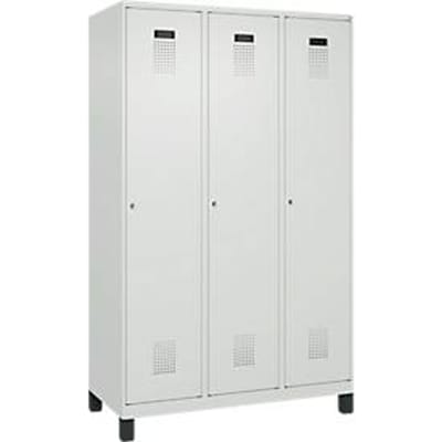 C+P Evolo Plus garderobekast, 3 vakken, 400 mm vakbreedte, met poten, rechts scharnierend, soft-close, inbraakwerend, B 1200 x D 500 x H 1950 mm, cilinderslot, lichtgrijs RAL 7035/lichtgrijs RAL 7035