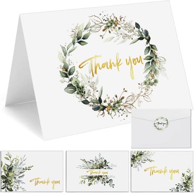 32 Luxe Bedankkaarten Set met Enveloppen en Stickers, Aquarel Eucalyptus en Goudfolie Accent