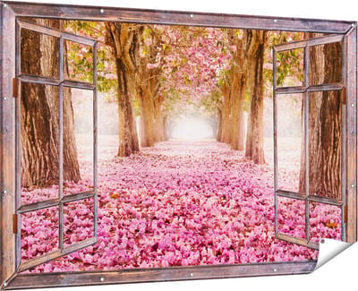 Gards Tuinposter Doorkijk Romantische Bomen Tunnel met Roze Anjers - 180x120 cm - Tuindoek - Tuindecoratie - Wanddecoratie buiten - Tuinschilderij