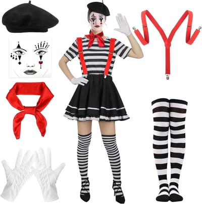 Vrouwelijk Circus Clown Kostuum Zwart Wit 6 Delig Halloween Outfit met Beret, Sjaal, Handschoenen en Kousen voor Carnaval en Feestjes