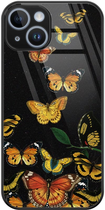 Hoesje geschikt voor iPhone 14 - Vlinders - Luxe Glazen Hardcase - Hippe print - Goud - Leuke Telefoonhoesjes