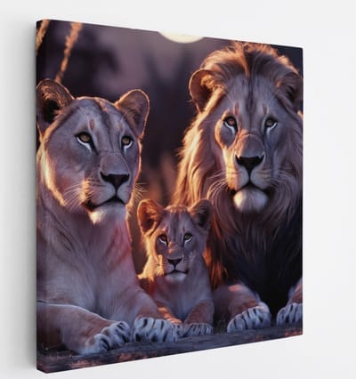 Saammp Canvas Schilderij - Leeuwen Familie - Natuur - Dieren - 20x20 - Foto op canvas - Wanddecoratie - Muurdecoratie Woonkamer - Slaapkamer decoratie - Canvas Print