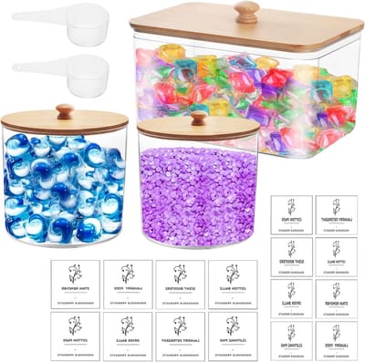Set van 3 Opbergdozen voor Waspoeder - Luchtdichte Containers met Deksel, Stickers en Scheppen voor Wasmiddelen, Badbombs en Geurige Wasmiddelen