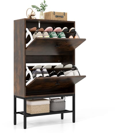 COSTWAY Schoenenkast met 2 kleppen, schoenenkast met 4 legplanken & open rek, smal schoenenrek met verstelbare scheidingswand, 60 x 24 x 106 cm (rustiek bruin)