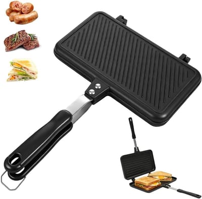 Dubbelzijdige Toaster met Hittebestendige Handgreep en Antiaanbaklaag voor Tortilla's, Casserole en Sandwiches - Ideaal voor Ontbijt en Kamperen Buiten