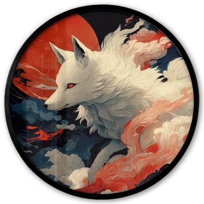 Poster in lijst Rond - Fotolijst 40x40 cm - Posters - Witte vos - wolken - maan - Ronde posterlijst zwart - Decoratie - Wanddecoratie woonkamer - Muurdecoratie slaapkamer