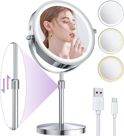 Verstelbare Verlichte Make-up Spiegel, 10x Vergrotende Dubbelzijdige LED Spiegel voor Tafel en Bureau, Oplaadbaar en Ideaal voor Nauwkeurige Schminck Toepassingen