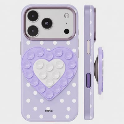 Reovo Stippen Hoesje - Geschikt voor iPhone 17 Pro - Hartvormige Zuignap Grip & Telefoonhouder - Octobuddy - Paars - Wit