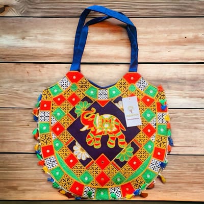 Schoudertas - Vedantan - Damestas - 35 x 40 cm - Katoen - kleurrijk borduurwerk - picknicktas - Leuke Strandtas - Klein - Schattige - Vrolijke print - Twee handvaten