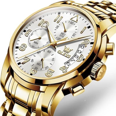 HO-2879.z : Olevs goudkleurig edelstalen quartz heren horloge, zilverkleurige wijzerplaat, chronograaf, kalenderdagwiel