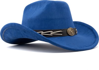 KIMU® Cowboyhoed Koningsblauw Gevlochten Band - Verstelbaar t/m Maat 59 - Blauwe Cowboy Western Hoed Dames Heren Cowgirl Blauw Yellowstone Festival