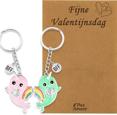 Koppel Sleutelhanger voor 2 'Fijne Valentijnsdag' - Regenboog Narwal Roze & Groen - Sleutelhanger set op Cadeau Kaartje - Zilverkleurig - Vriendschap of Relatie Symbool - Pax Amare