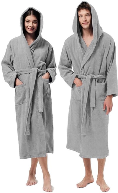 Sesal Badstof badjas van 100% katoen met capuchon, voor dames en heren, voelt zacht aan met uitstekend absorptievermogen, extreem comfortabel., Grijs, XL