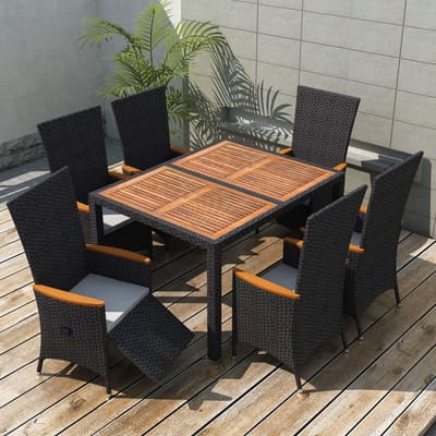 vidaXL - 7-delige - Tuinset - poly - rattan - acaciahout - zwart