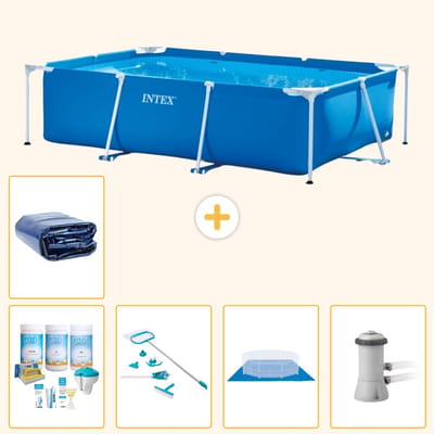 Intex Rechthoekig Frame Zwembad - 300 x 200 x 75 cm - Blauw - Inclusief Onderhoudspakket - Schoonmaakset - Grondzeil - Zwembadfilterpomp - Solarzeil - 6-delig
