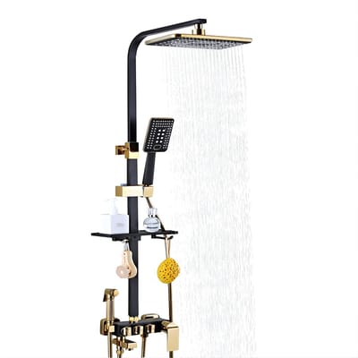Regendouche Set – Voor Badkamer – Vierkante Handdouche, Zwart-Gouden Kraanaccessoires, Hoogte Verstelbare Regendouche 75–120 cm
