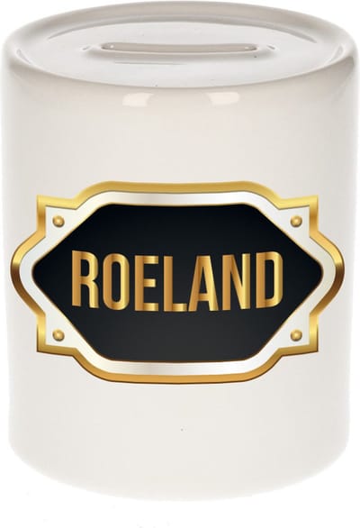 Spaarpot met voornaam Roeland - wit - met goud/zwart embleem - 8 x 9 cm - keramiek - met afsluitdop - cadeau verjaardag