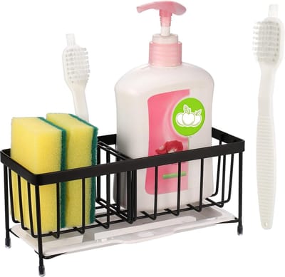 304 Roestvrijstalen Spoelbak Caddy - Afneembare Afvoerbak - Sponshouder - Zwarte Gootsteen Organizer - Antislip - Ruimtebesparend - Keukensponshouder aanrecht organizer