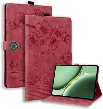 Coverup Tablethoes geschikt voor OnePlus Pad 2 Hoesje - Flowers & Cat Book Case - Bordeaux