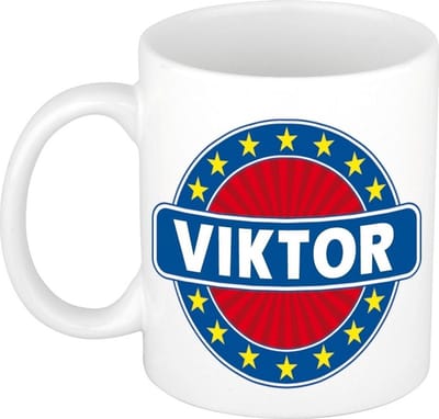 Bellatio Decorations - Viktor voornaam - koffiemok - beker - wit/blauw - 300 ml - Cadeau - Heren - Collega - Vaderdag - Verjaardag