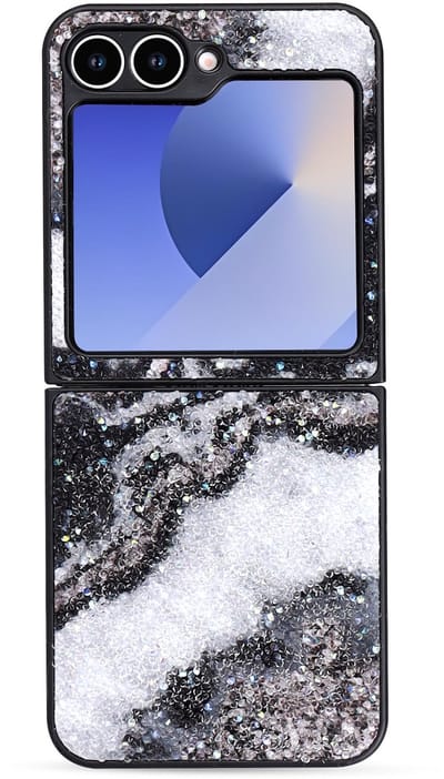Casemania Hoesje Geschikt voor Samsung Galaxy Z Flip 6 - Zwart - Diamant Marmer Glitter Back Cover