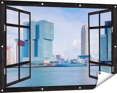 Gards Tuinposter Doorkijk Rotterdamse Skyline aan het Water - 120x80 cm - Tuindoek - Tuindecoratie - Wanddecoratie buiten - Tuinschilderij