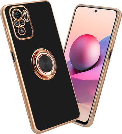 Cadorabo Hoesje geschikt voor Xiaomi RedMi NOTE 10 4G / RedMi NOTE 10S in Glossy Zwart - Goud met ring - Beschermhoes van flexibel TPU-silicone Case Cover met camerabescherming en magnetische autohouder